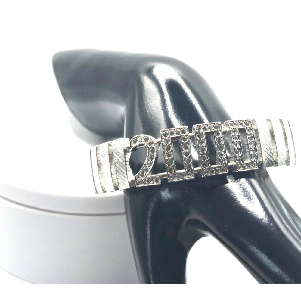 Joan Rivers Signed 2000 Y2K Cuff Bracelet Rhinestone Silver Tone Bling Bangle
